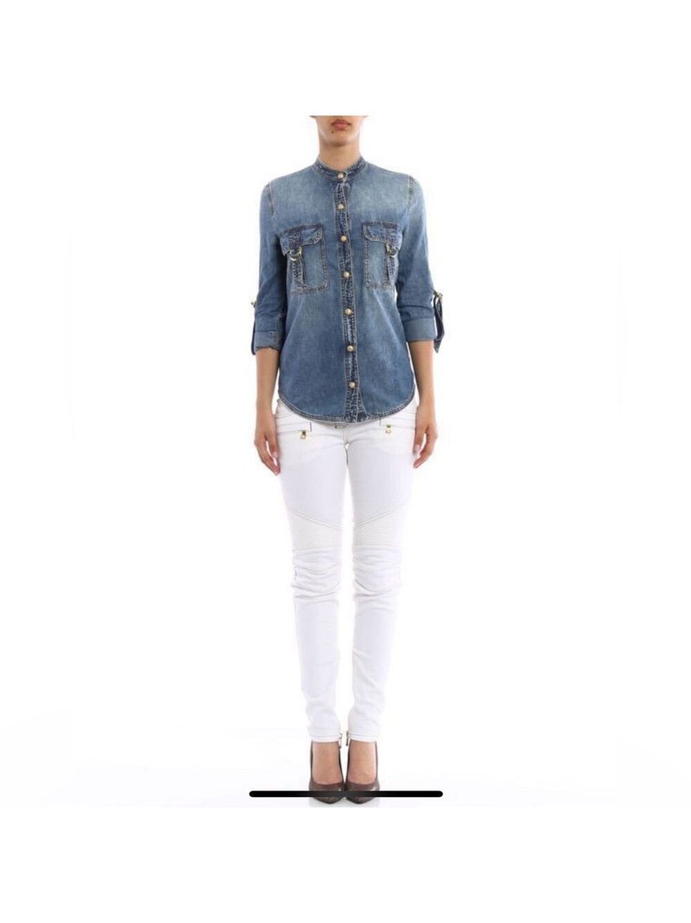 NWT BALMAIN Blue Denim Button Down Shirt with Gold Hardware, Size 4/36